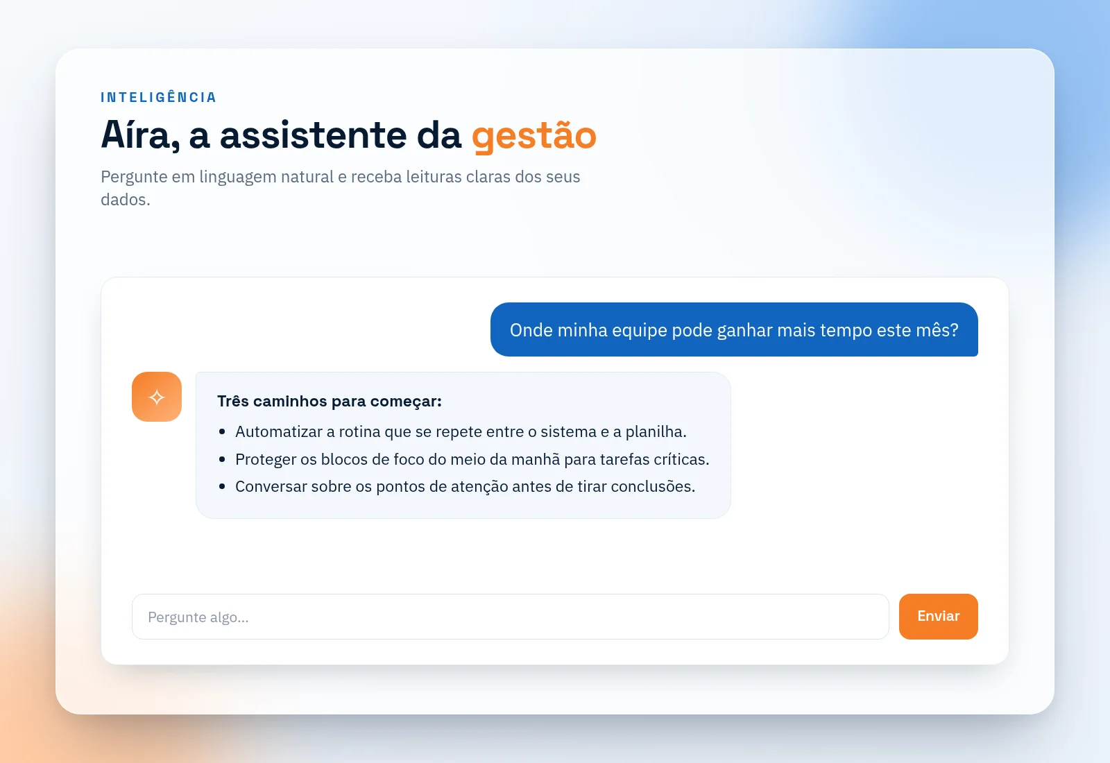 Ilustração: conversa com a assistente Aíra sugerindo onde a equipe pode ganhar tempo.